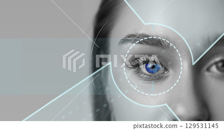 Close-up view of a human eye with a futuristic digital overlay showcasing intricate details and vibrant blue iris Close-up view of a human eye with a futuristic digital overlay showcasing intricate details and vibrant blue iris 129531145