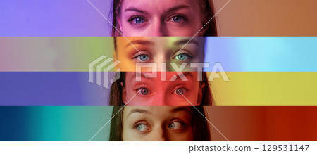 Colorful close-up of expressive eyes showcasing varied hues and emotions in a creative art setting Colorful close-up of expressive eyes showcasing varied hues and emotions in a creative art setting 129531147