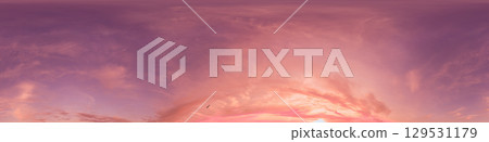 Seamless 360 HDR spherical panorama of sunset sky with vibrant pink Cirrus clouds. Full zenith or sky dome in 3D, sky replacement for aerial drone panoramas. Climate and weather change. 129531179