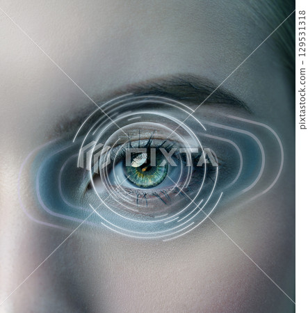 Visual representation of digital eye enhancement with swirling light patterns and a close-up of an eye in focus 129531318