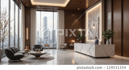 Sophisticated reception area with a marble reception desk, velvet seating, and polished metal accents. Soft task lighting highlights the desk 129531354