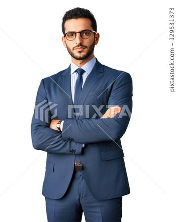 Confident Middle Eastern man with glasses, crossed arms, direct eye contact, warm lighting, transparent background. Confident Middle Eastern man with glasses, crossed arms, direct eye contact, warm lighting, transparent background. 129531373