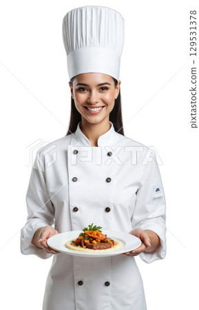 Chef presenting food Smiling female chef with toque hat presenting a gourmet dish on a white background 129531378