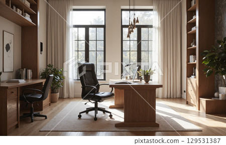 Luxury home office with a black leather desk chair, polished oak desk, and designer desk lamp. Task lighting ensures focus on work areas, 129531387
