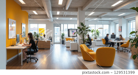 Chic coworking space with modular desks, comfortable ergonomic chairs, and clean, minimalist furniture. Add an interactive presentation board 129531399