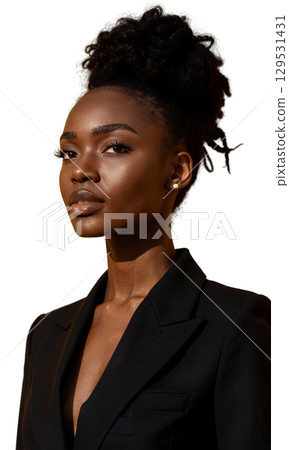 A Black woman with natural hair and sharp business attire, her direct gaze reflecting confidence, while soft golden light around 129531431