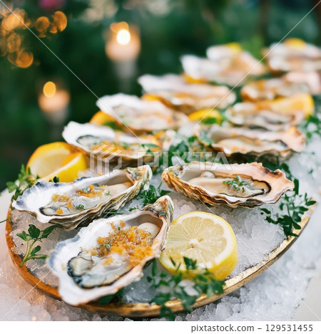 Selective focus point on fresh oysters shell with lemon 129531455