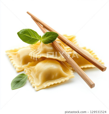 Ravioli with chopsticks isolated on white background 129531524