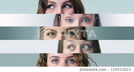Various close-up perspectives of eyes showcasing diverse expressions and emotions in a creative artistic arrangement Various close-up perspectives of eyes showcasing diverse expressions and emotions in a creative artistic arrangement 129531623