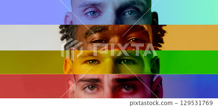 Diverse group of men with striking eyes and colorful backgrounds during a creative portrait session 129531769