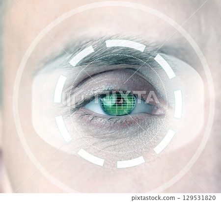Close-up of an eye with digital scanning technology during biometric identification process 129531820