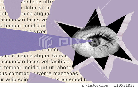 Intriguing collage featuring a surreal eye and geometric elements on a textured background during a creative art phase Intriguing collage featuring a surreal eye and geometric elements on a textured background during a creative art phase 129531835