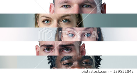 Diverse group of people showcasing various eye colors and expressions with a minimalist background 129531842