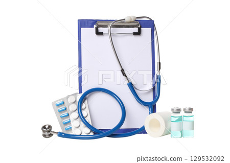 Healthcare tools: stethoscope, clipboard, vials, isolated, PNG Healthcare tools: stethoscope, clipboard, vials, isolated, PNG 129532092