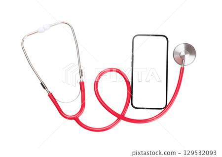 Stethoscope and smartphone: tech in healthcare, isolated on white, PNG 129532093