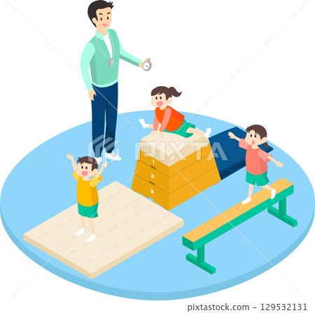 Illustration of children having fun exercising and a male teacher 129532131