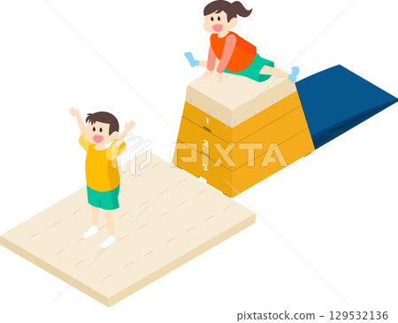 男孩和女孩玩跳馬箱的插圖 129532136