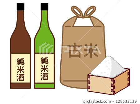 裝有純米酒的酒瓶、裝有陳米的米袋和裝在木盒裡的米 129532139