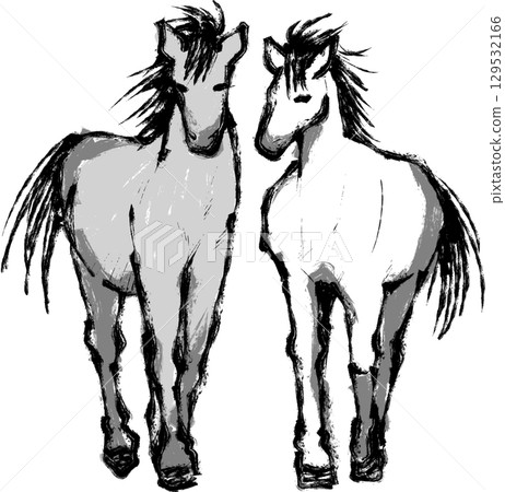 Sumi-e illustration of two standing horses 129532166