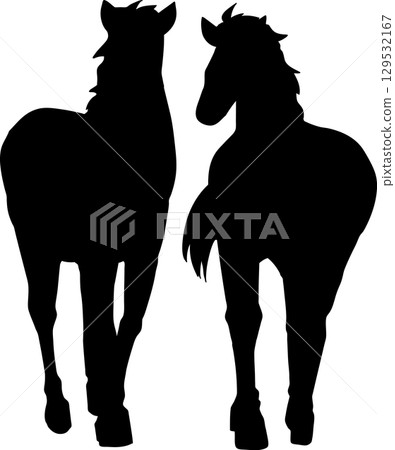 Silhouette of two standing horses 129532167