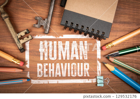 Human Behaviour Analysis Concept with Keys, Notebook, and Office Supplies on Wooden Desk 129532176