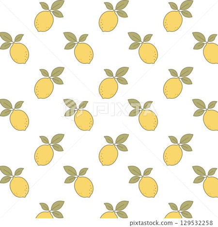 Seamless pattern with lemons and green leaves on a white background. Summer citrus design in pastel tones for packaging, textiles, and decoration. Seamless pattern with lemons and green leaves on a white background. Summer citrus design in pastel tones for packaging, textiles, and decoration. 129532258