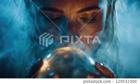 Cloudy crystal and woman with closed eyes 129532300