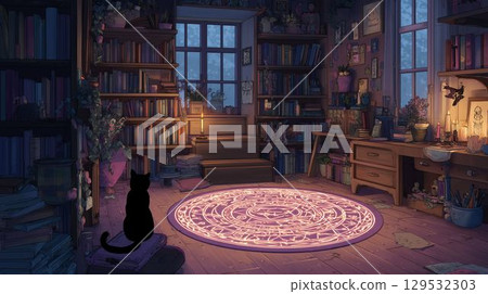 A study with a black cat and a magic circle A study with a black cat and a magic circle 129532303