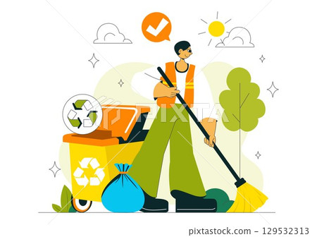 Sanitation Vector Illustration featuring People Cleaning Up Garbage and Disposing of it Properly and Washing Hands with Flat Style Cartoon Background Sanitation Vector Illustration featuring People Cleaning Up Garbage and Disposing of it Properly and Washing Hands with Flat Style Cartoon Background 129532313