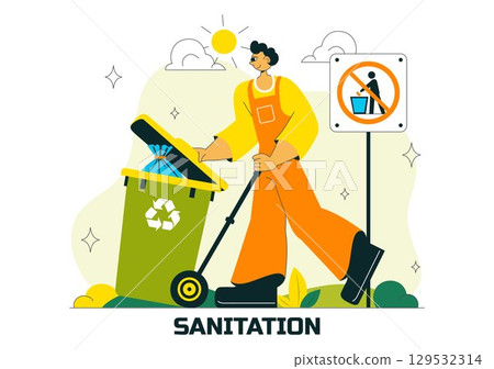 Sanitation Vector Illustration featuring People Cleaning Up Garbage and Disposing of it Properly and Washing Hands with Flat Style Cartoon Background 129532314