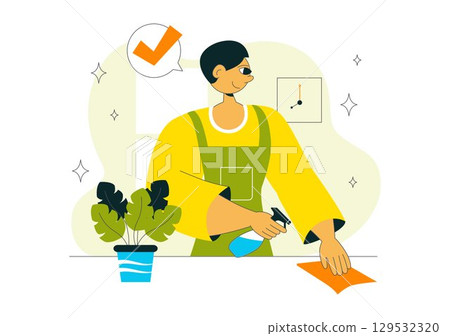 Sanitation Vector Illustration featuring People Cleaning Up Garbage and Disposing of it Properly and Washing Hands with Flat Style Cartoon Background 129532320
