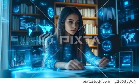 A woman uses a holographic screen display. The concept of futuristic technology, digital interaction, and innovation. Generative AI. 129532364