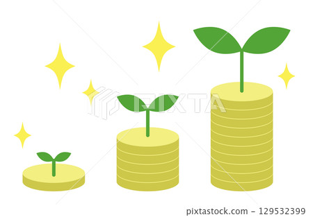 A young leaf grows bigger and bigger on top of a pile of coins 129532399