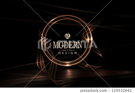 Illustration with a round gold frame with shiny ribbons on a black background 129532642