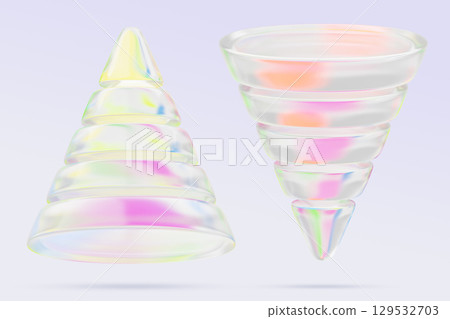 3d glass pearlescent cone and sales funnel. Marketing infographic, business concept. Abstract crystal geometric shapes with rainbow color gradient, isolated render icon set. 3D illustration 3d glass pearlescent cone and sales funnel. Marketing infographic, business concept. Abstract crystal geometric shapes with rainbow color gradient, isolated render icon set. 3D illustration 129532703