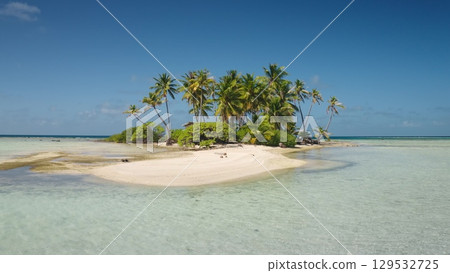 French Polynesia, Rangiroa island: Breathtaking aerial view of pristine tropical island in Rangiroa, French Polynesia, featuring lush palm trees and turquoise waters. Wild nature travel landscape. 129532725