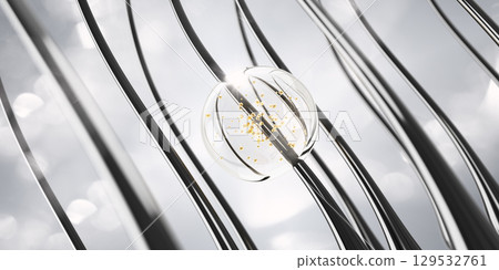 3d black hair strands with liquid transparent drop and gold oil bubbles inside. Shiny long curls with cosmetic sphere of shampoo, keratin or biotin vitamin. Beauty care ad background. 3D illustration 129532761