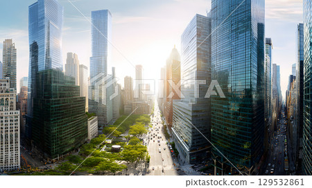 Cityscape of high-rise buildings and wide tree-lined avenues. Skyscrapers and business district of New York 129532861