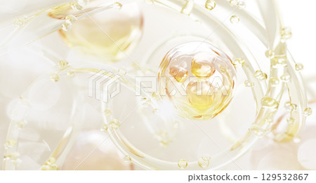 Oil drops texture with bubbles, waves and splashes. Gold liquid cosmetic skin care 3d background. Yellow transparent fluid flow with droplets of serum, retinol gel, hyaluronic essence. 3D illustration Oil drops texture with bubbles, waves and splashes. Gold liquid cosmetic skin care 3d background. Yellow transparent fluid flow with droplets of serum, retinol gel, hyaluronic essence. 3D illustration 129532867