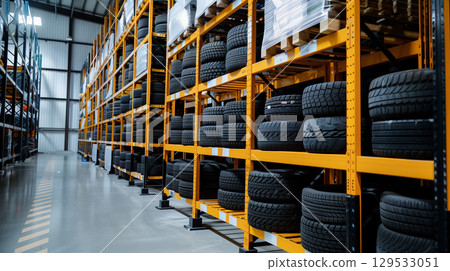 High rack  wheel tires car in warehouse of dealer customer. 129533051