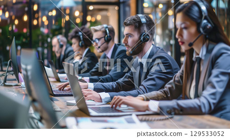 Group of call center  working on laptops to service customer. 129533052