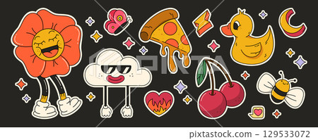 Retro flower character with groovy stickers Retro flower character with groovy stickers 129533072