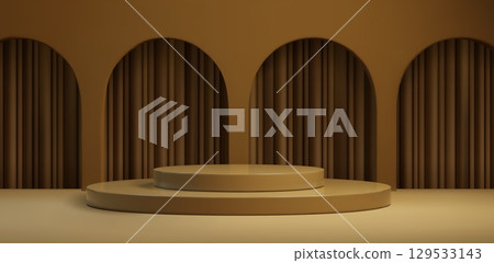 Beige podium display with brown arch backdrop 129533143