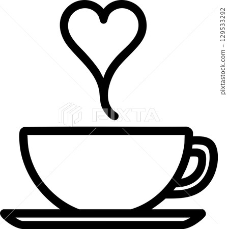 Black and white silhouette illustration of a coffee cup and saucer with heart-shaped latte art 129533292