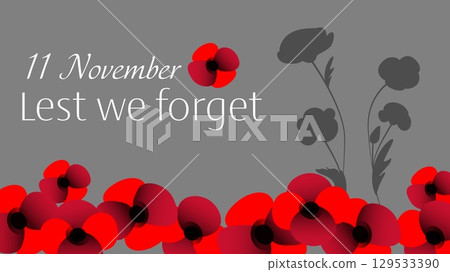 Vector illustration of remembrance day horizontal banner with red poppies on grey background Vector illustration of remembrance day horizontal banner with red poppies on grey background 129533390