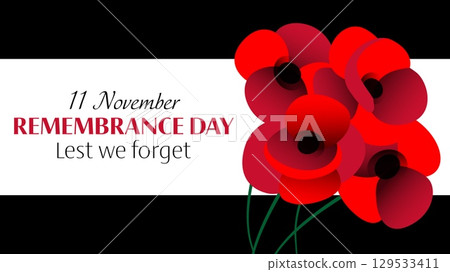 Vector illustration of remembrance day horizontal banner with red poppies on black background 129533411