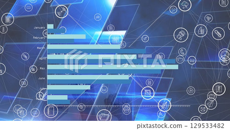 Image of network of connections with icons and data processing over blue background Image of network of connections with icons and data processing over blue background 129533482
