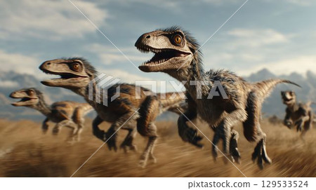 Velociraptor running through the grassland 129533524