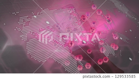 Image of globe, connections and data processing over pink background and hands with smartphone Image of globe, connections and data processing over pink background and hands with smartphone 129533585