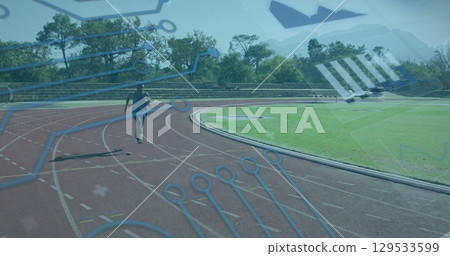 Image of digital interface over african american men with physical disability running Image of digital interface over african american men with physical disability running 129533599